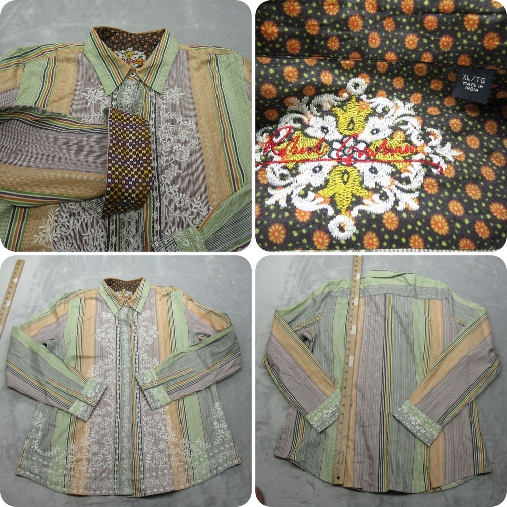 Robert Graham Shirt Women? XL Green Striped Embroidered Blouse Flip Cuff RARE